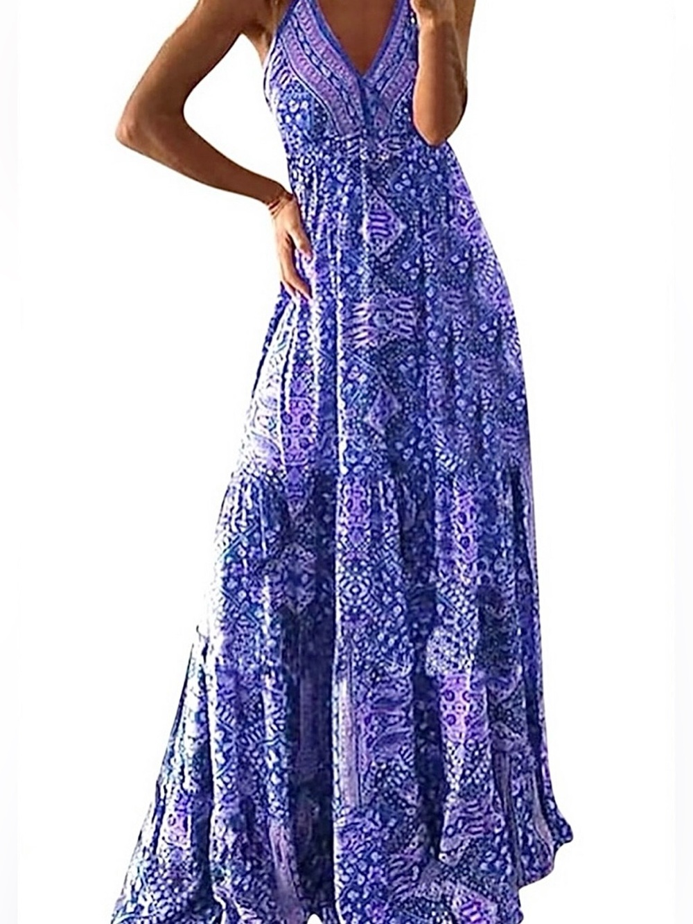 Boho V-Neck Maxi Dress in Purple Mosaic